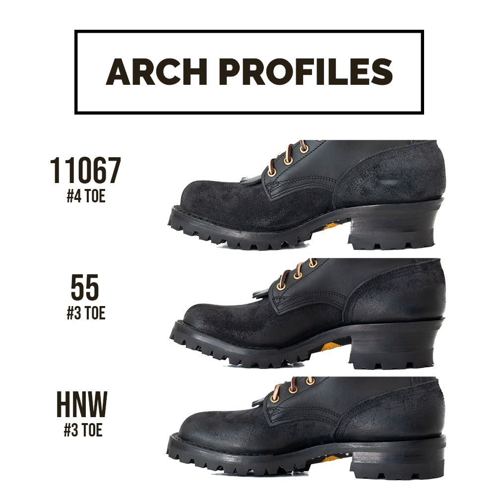 Three pairs of black work boots with arch profiles labeled on a white background.