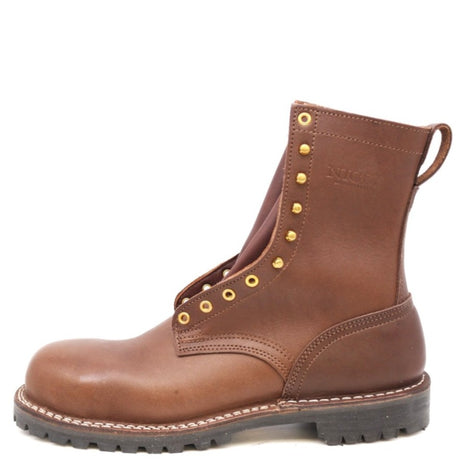 Brown leather boot with gold buttons on a white background