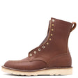 Brown leather boot with stitching details on a white background
