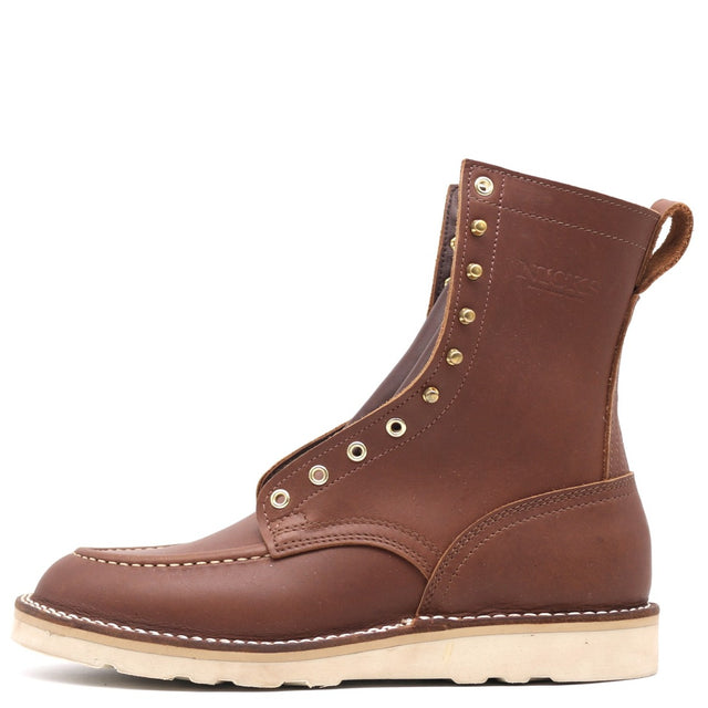 Brown leather boot with stitching details on a white background