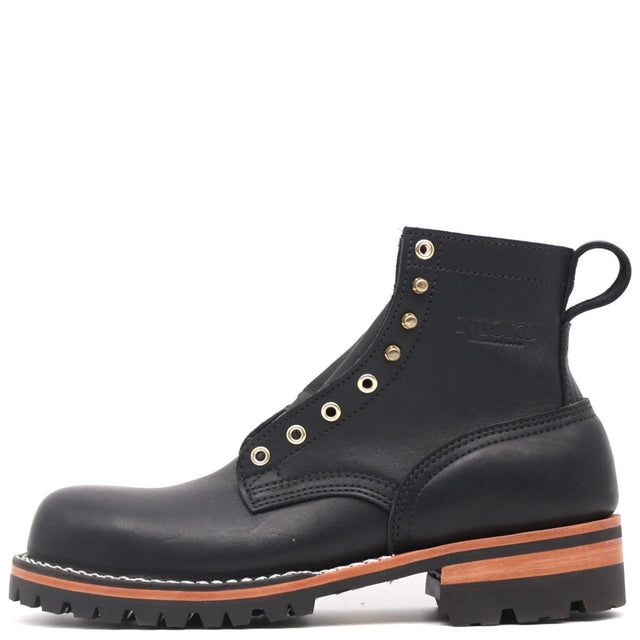 Black leather boot with brown sole on a white background